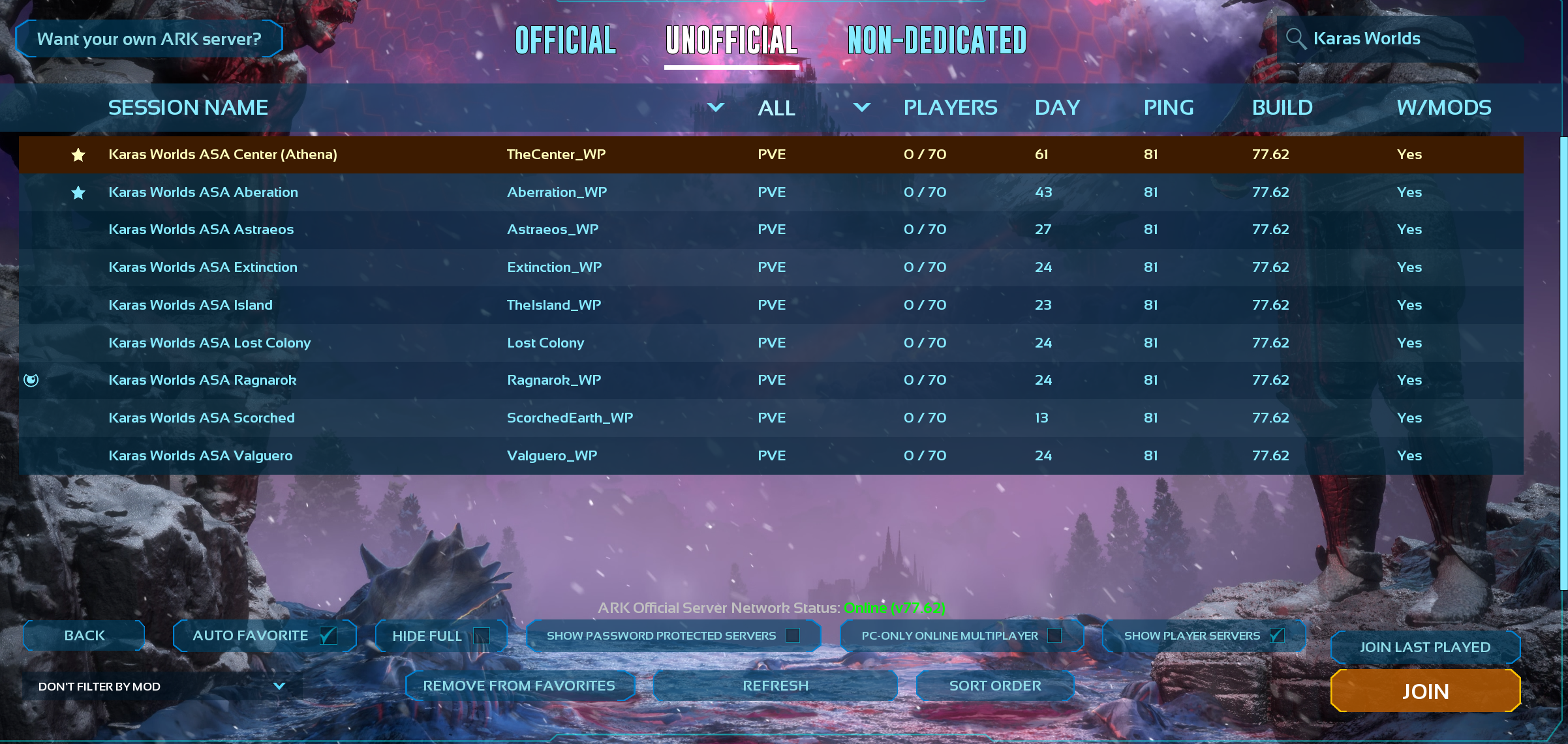 KarasWorlds ARK Server List